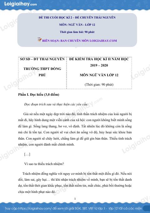 Giải đề thi kì 2 Ngữ văn lớp 12 năm 2019 - 2020 trường THPT Chuyên Thái Nguyên